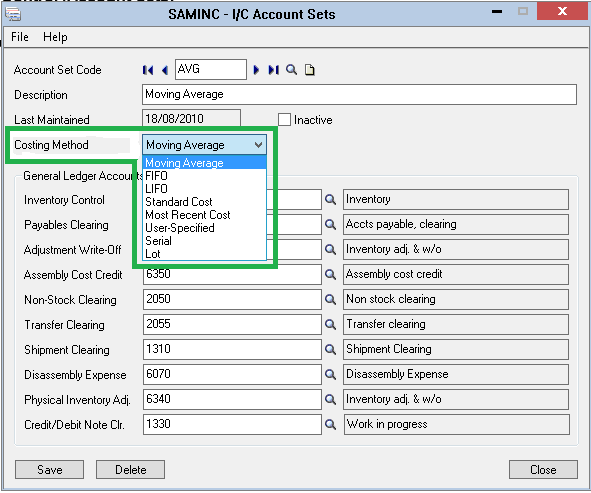 Sage 300 inventory costing options