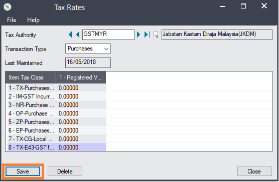 sage 300 save gst purchases rates