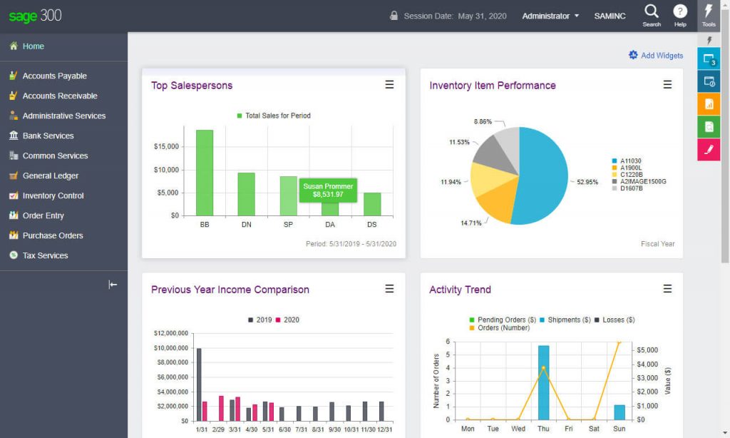 Sage 300 web screen dashboard