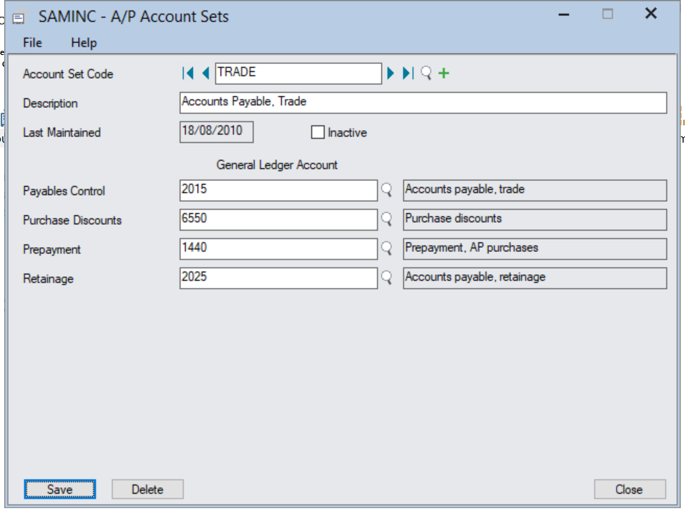 Sage 300 Accounts Payable Account Sets - Trade Creditors