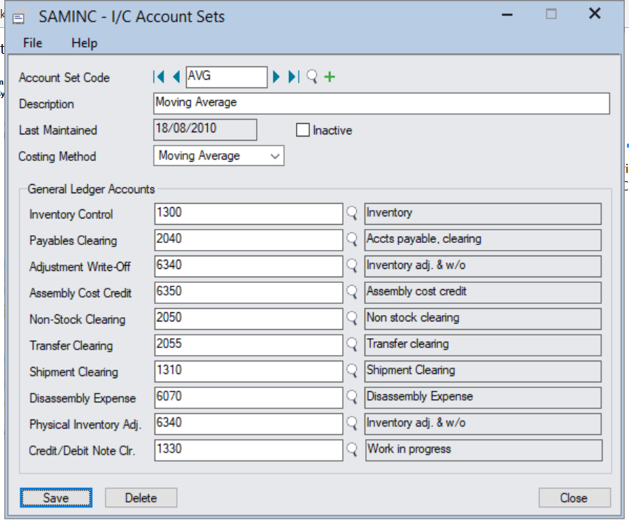 Sage 300 Inventory Control Account Sets
